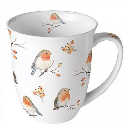 Ambiente Luxury Paper Products Becher Porzellan Tasse Blumen Frühling Vogel -Sommer Blossom Mug, Porzellan Robin-Familie, als Geschenk geeignet