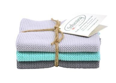 3 Stück gestrickte Wischtücher in Grau/Aqua.