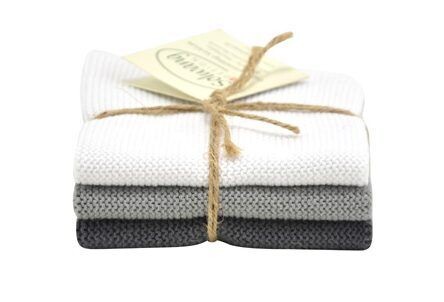 3 Stück gestrickte Wischtücher in Weiss/Grau Kombi.