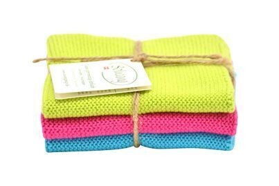 3 Stück gestrickte Wischtücher in Lime/Pink/Türkis.