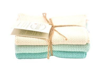3 Stück gestrickte BIO Wischtücher in Natur/Aqua Kombi.