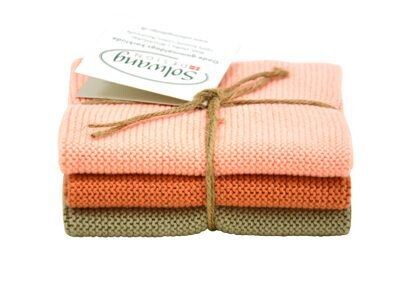 3 Stück gestrickte Wischtücher in Oliv/Aprikose Kombi.
