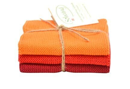 3 Stück gestrickte Wischtücher in Orange/Rot Kombi