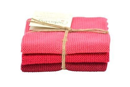 3 Stück gestrickte Wischtücher in Himbeere Kombi.