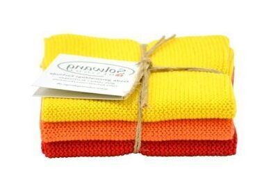 3 Stück gestrickte Wischtücher in Gelb/Orange/Rot.