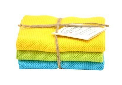 3 Stück gestrickte Wischtücher in Gelb/Lime/Türkis.