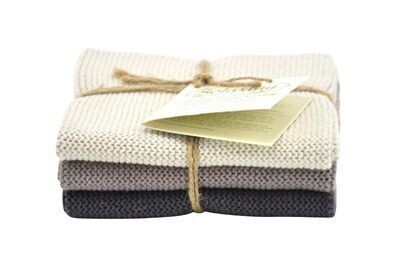 3 Stück gestrickte BIO Wischtücher in warmem Grau Kombi.