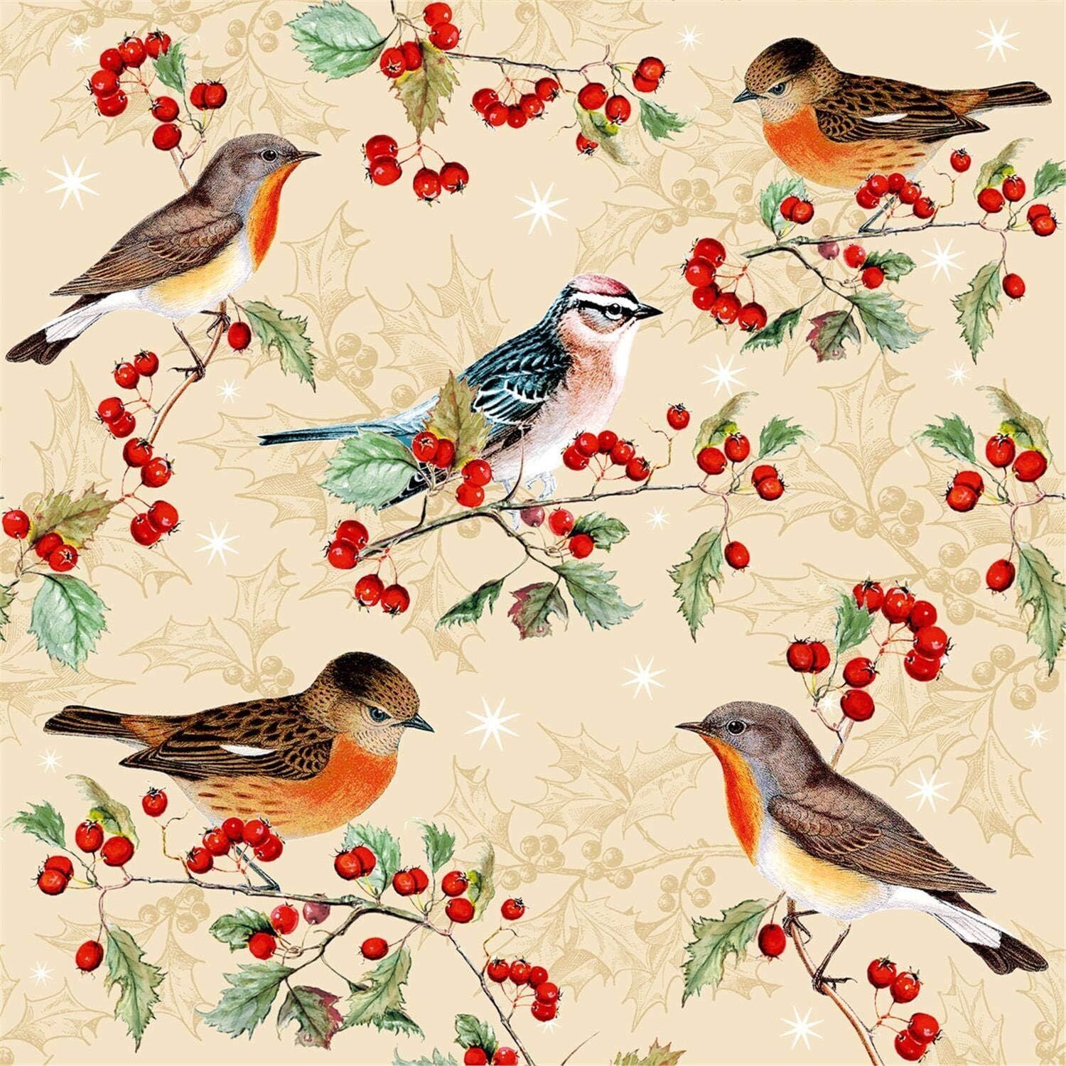 20 Servietten 3-lagig Jugendstilvögel auf Ilex Frühling  Sommer / Blumen  Kollektion Nouveau Birds on Ilex Nouveau