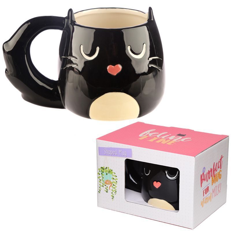 Feline Fine Schwarze Katze geformte Tasse aus Dolomit-Keramik , 400 ml - Puckator