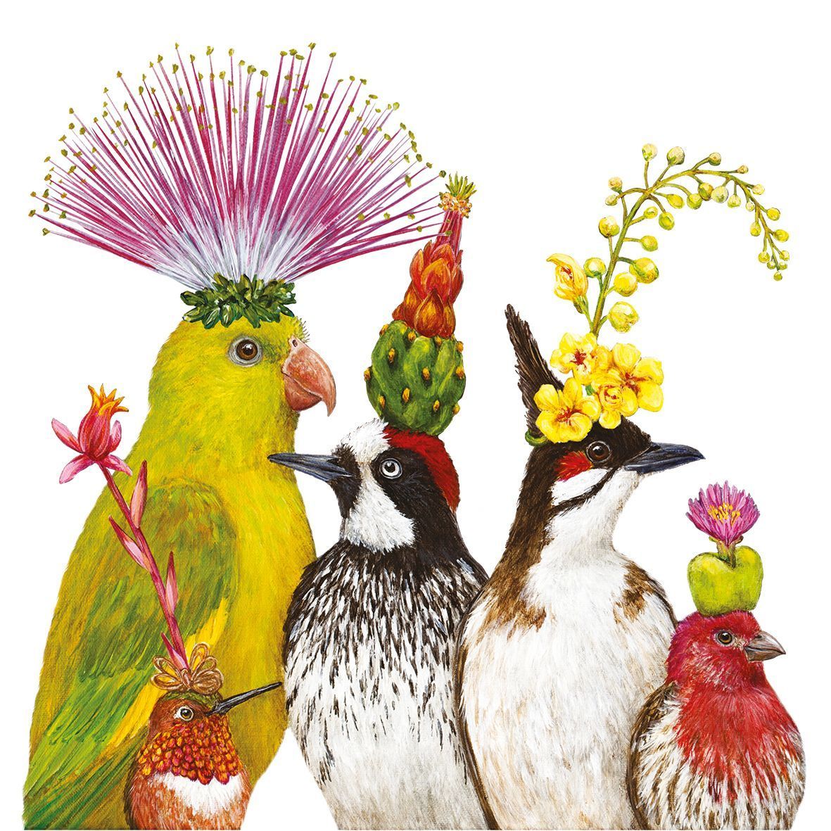 20 Servietten  Vögel mit exotischem Kopfschmuck , lustig Tiere ,Das Gefolge  33x33cm , PPD Paper Product Design