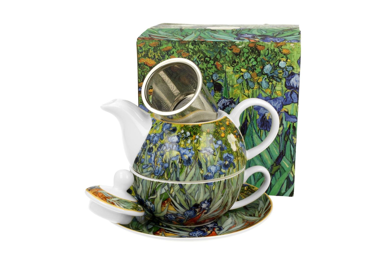 DUO ART GALLERY Tasse mit Teekanne IRISES inspiriert von Van Gogh New Bone China Porzellan ,