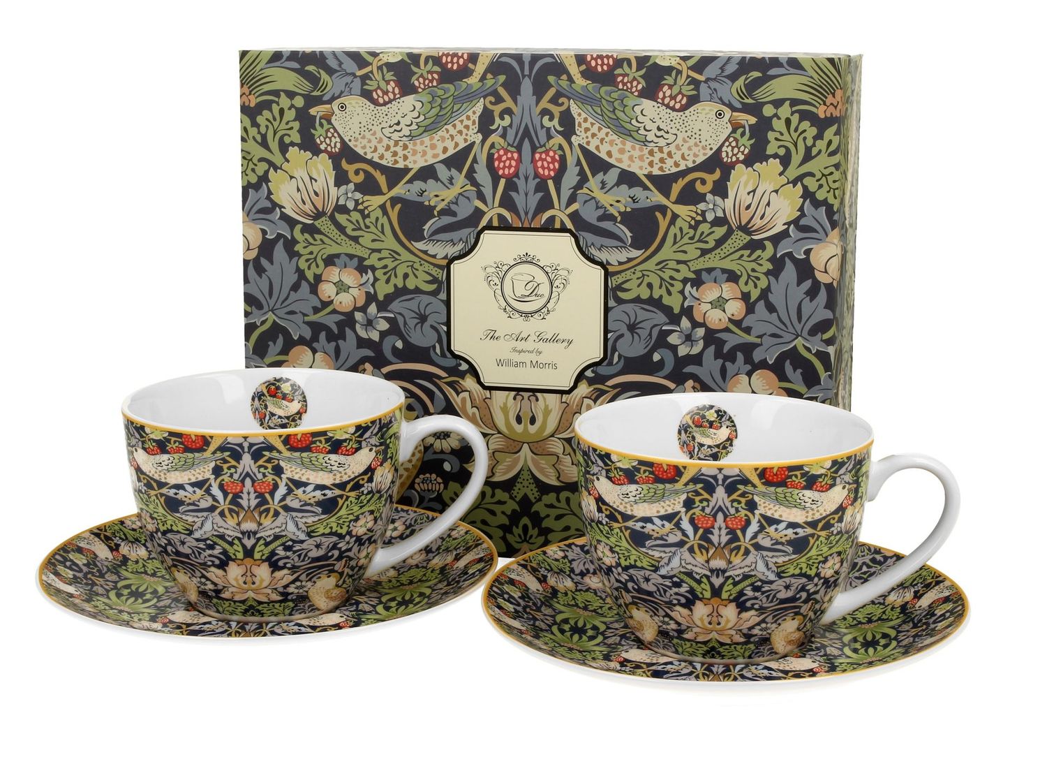 2 Tassen ( 250 ml) mit Untertassen STRAWBERRY THIEF BLUE inspiriert von Morris , The Art Gallery  -  DUO