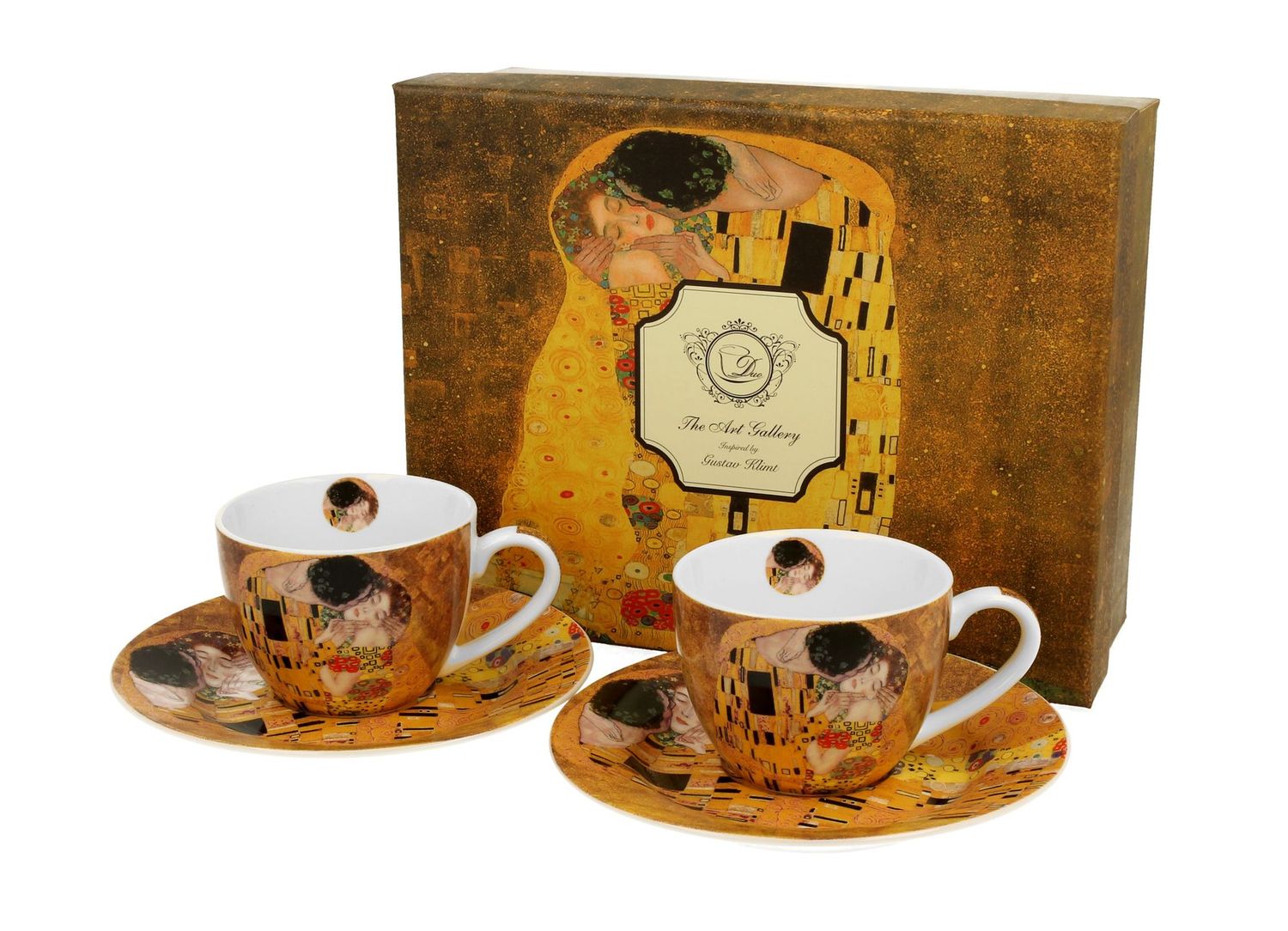 2 Espressotassen (90 ml )  mit Untertassen THE KISS CLASSIC, inspiriert von Klimt , The Art Gallery , DUO