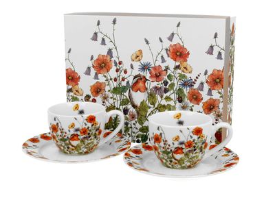 2 Espressotassen mit Untertassen WILD BIRD , Blumen, Vogelchen, Vogel Motiv  - DUO Porzellankollektion