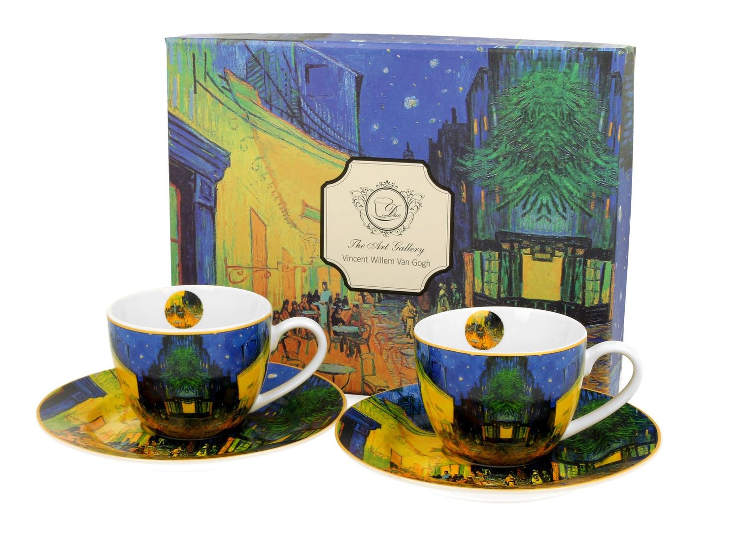 2 Espressotassen (90 ml) mit Untertassen TERRASSE BEI ​​NACHT inspiriert von Van Gogh ,  The Art Gallery , DUO