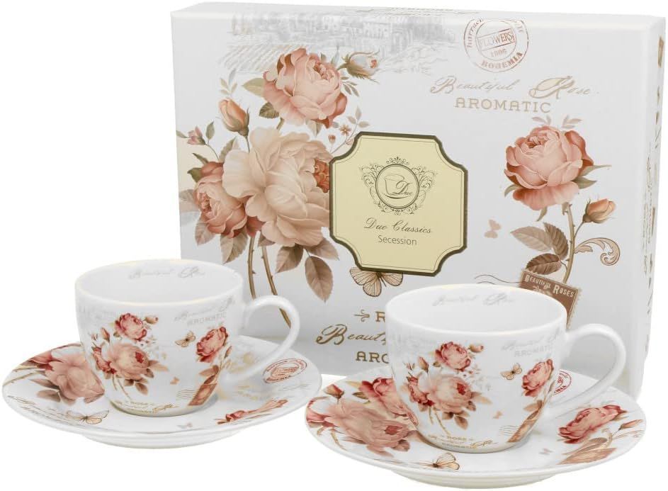 2er-Set Espressotassen 90 ml SECESSION mit Untertassen, New Bone China Porzellan , Floral , DUO