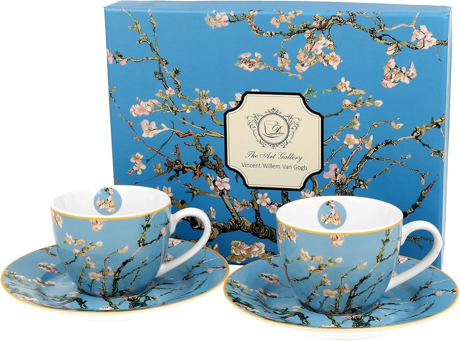 2 Espressotassen (90 ml) mit Untertassen Mandelblüte inspiriert von Van Gogh, Porzellan, The Art GAllery, DUO