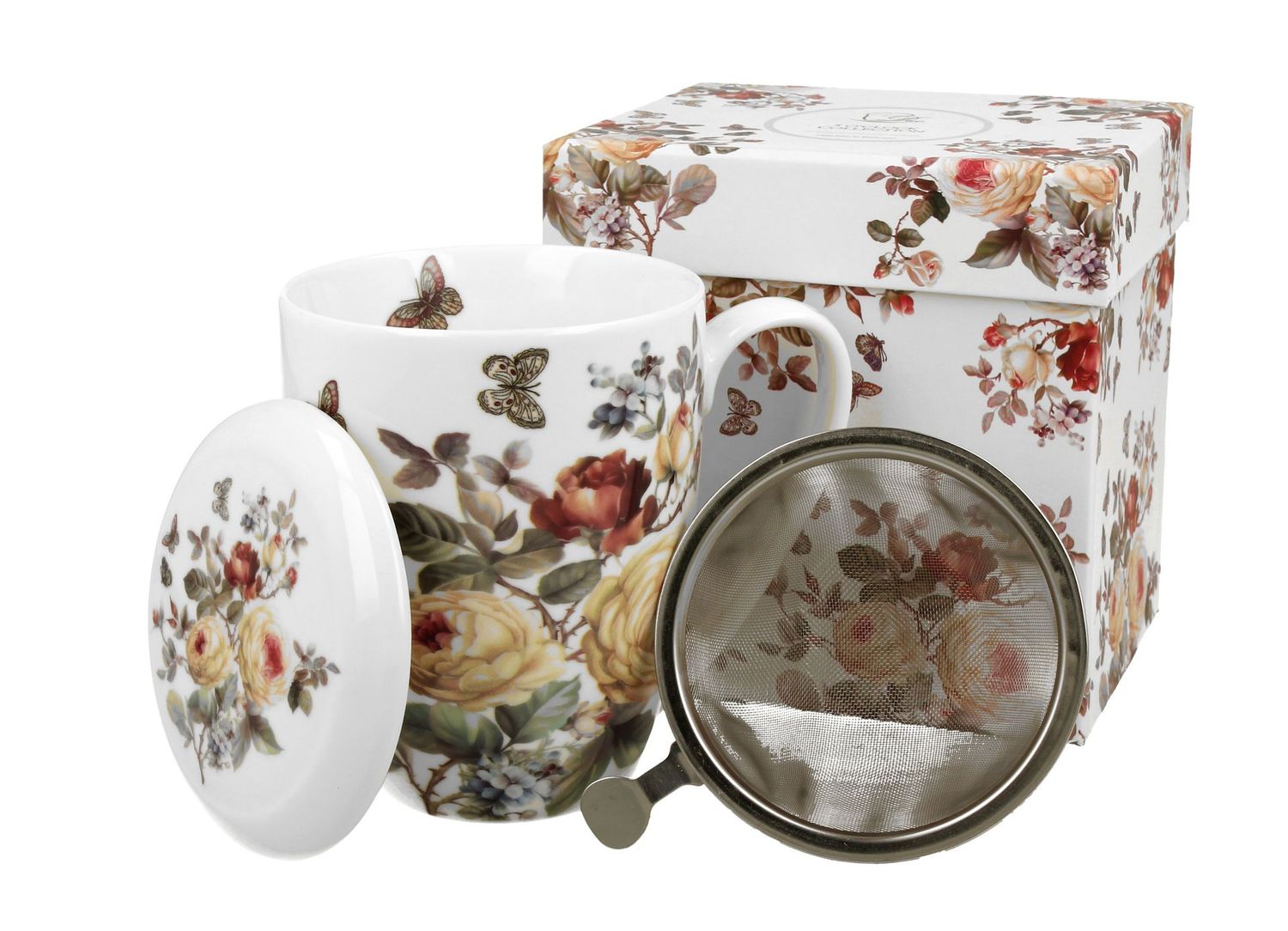 FLORAL Becher 360 ml ZAHRA mit Teesieb, New Bone China Porzellan , DUO