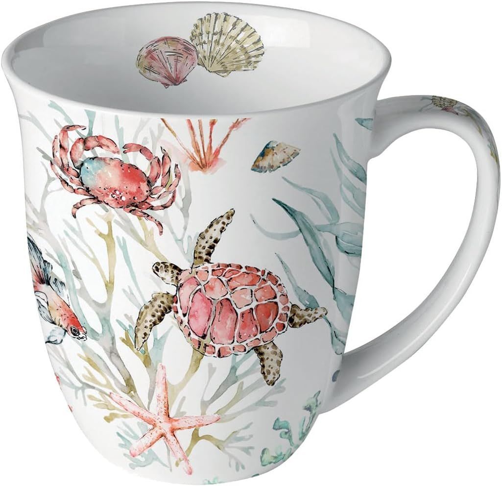 Ambient Tasse, Kaffeetasse Tiermotive, Meerestiere auf Korallen aus Porzellan. Motivtasse für den Tisch und als Geschenk (400 ml)