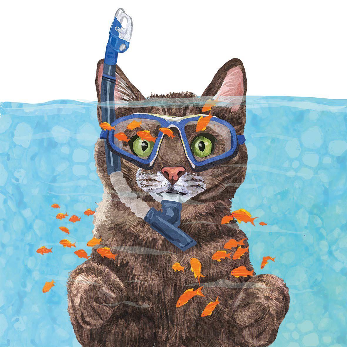 20 Servietten Katze, Cousteau, Katze im Fischaquarium, Tischdekoration, 33x33cm, PPD Paper Product Design