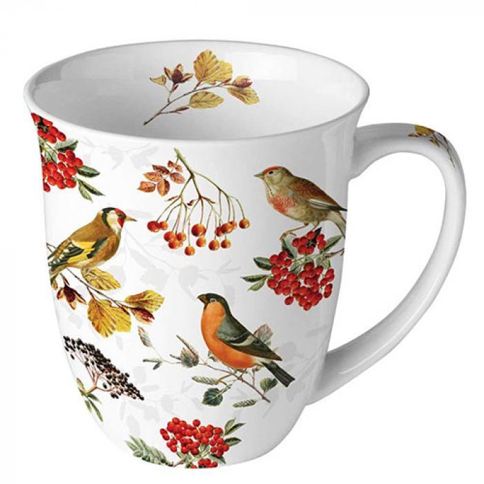 Ambiente Becher, Kaffeetasse aus Porzellan, Vögel, Tiere, Pflanzen Sammeltasse, Tee-Kaffeebecher, 400 ml