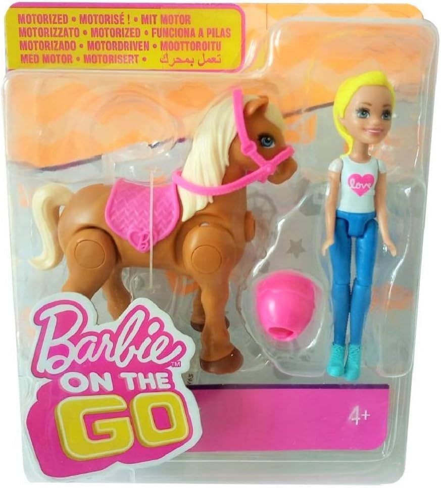 Mattel Minibarbie FHV63 On The Go Puppe (blond) & hellbraunes Mini Pony mit pinkfarbenem Sattel