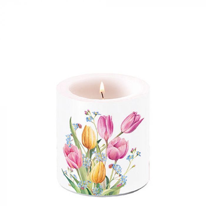 Kerze Tulpenstrauß, Tulpen Blumen Tishdeko, Klein Ø 7,5 - h 9 , Brenndauer  ± 35 Stunden