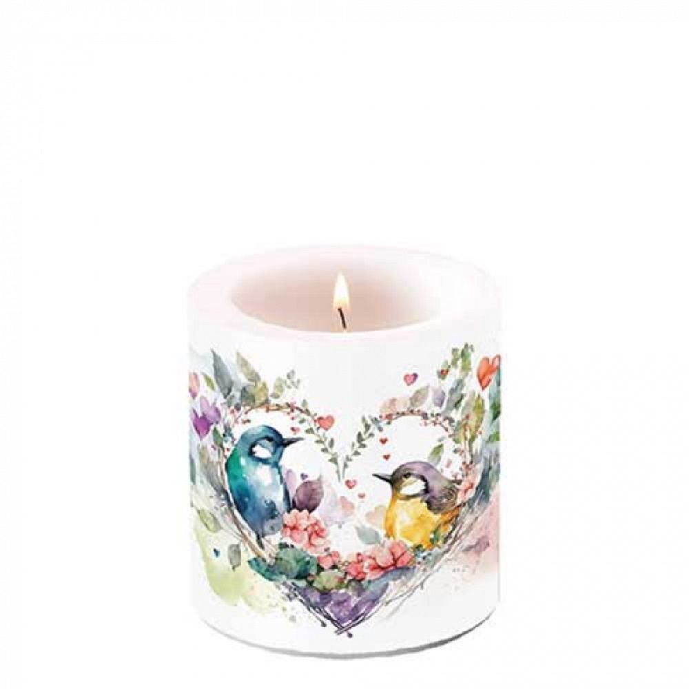 Kerze Liebe, Vögel , Blumen Tishdeko ca, Ø 7,5 - h 9 , Brenndauer  ± 35 Stunden