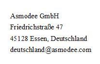 Asmodee GmbH,  Friedrichstraße 47, D-45128 Essen, Email:   deutschland@asmodee.com