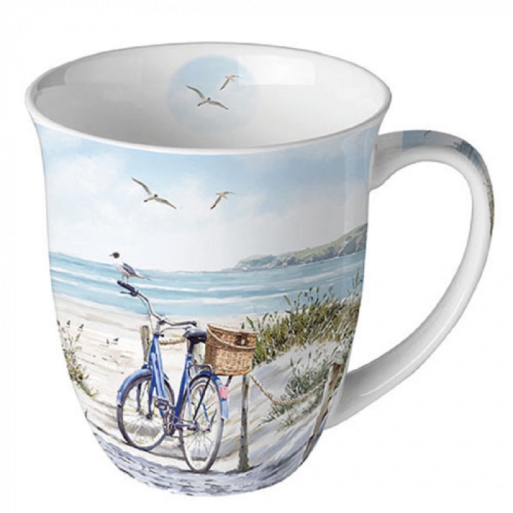 Ambiente Becher, Mug,  Maritim, Strand, am Meer, Küste, Tiere,  Porzellan Fahrrad am Strand, Kaffee / Tee,  Tasse , Sommer, Kollektion