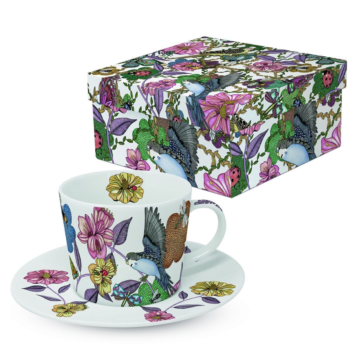 PPD Kaffeetasse ca. 200 ml  , Porzellan  Vogel, Planzen Motiv , Dekorierte mit passender Untertasse,  Trend Coffee GB Birds & Flowers