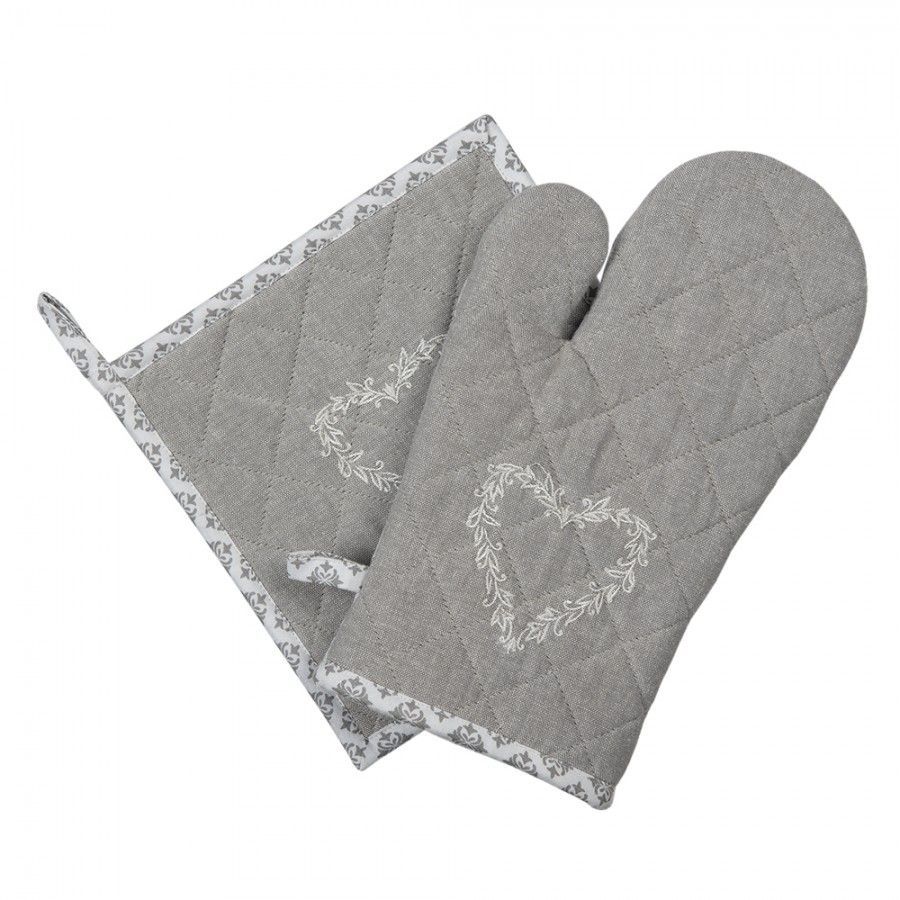 Ofenhandschuh 16x30 cm Grau Weiß Baumwolle Herzen Karos , Ofenhandschuh und  Topflappen 20x20 cm Grau Weiß Baumwolle Herzen Karos Quadrat Abfluss-Topflappen, Clayre & Eef