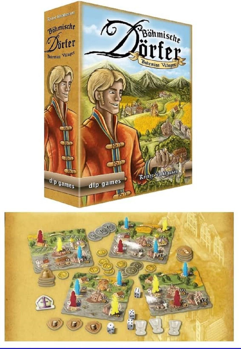 Böhmische Dörfer,  Brettspiel - Würfeln Spiel, Familienspiel - Böhmen, Spielfiguren - Bohemian Villages , Sprache Deutsch und Englisch
