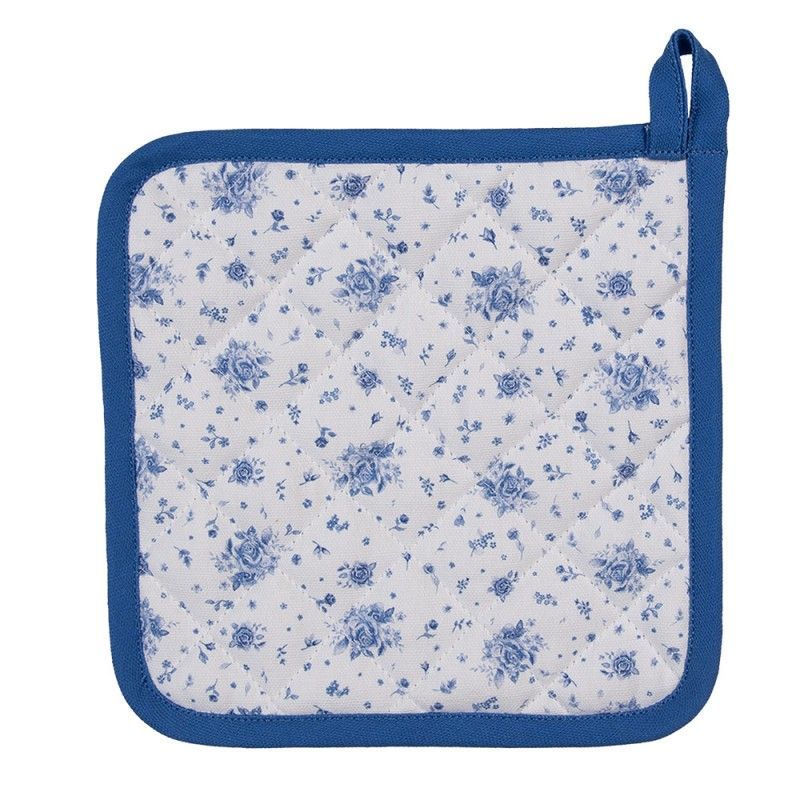 BRB45 Topflappen 20x20 cm Weiß Blau Baumwolle Rosen Quadrat,  Clayre & Eef, 1 Stück