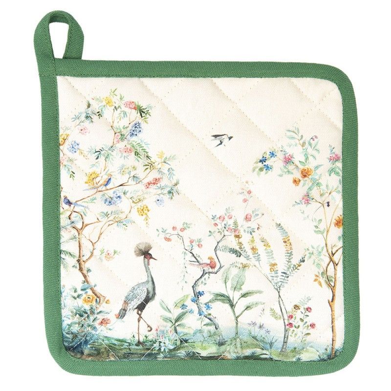 BIP45 Topflappen , Vogel, Crane 20x20 cm Beige Baumwolle Tropisches Motiv Quadrat Abfluss-Topflappen,  Clayre & Eef, 1 Stück