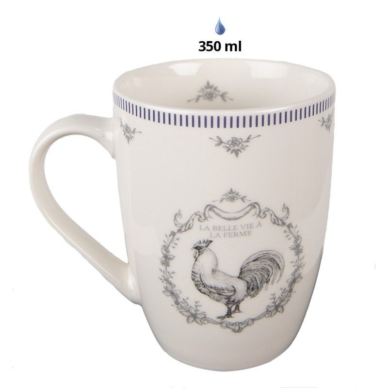 DFRMU Tasse 350 ml Weiß Grau Porzellan Hahn Kaffee, Teebecher -Porzellantasse mit einem Hahnmotiv - Clayre & Eef Becher Ostern Kollektion  - Ideales Geschenk