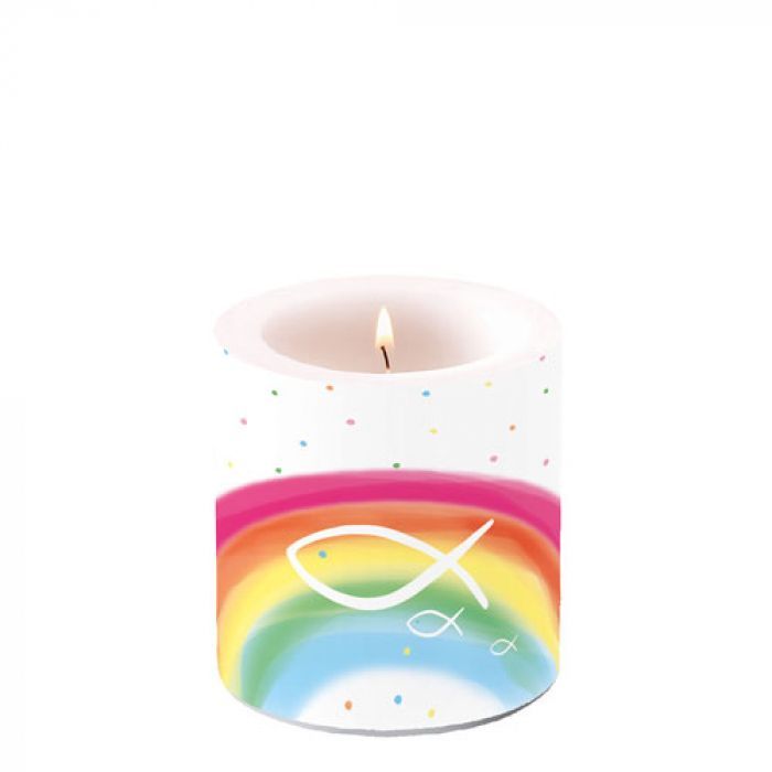 Dekokerze, Tischkerze  Kommunion , Taufe, Konfirmation Kerze Fisch, Regenbogen, Rainbow weiß Motiv