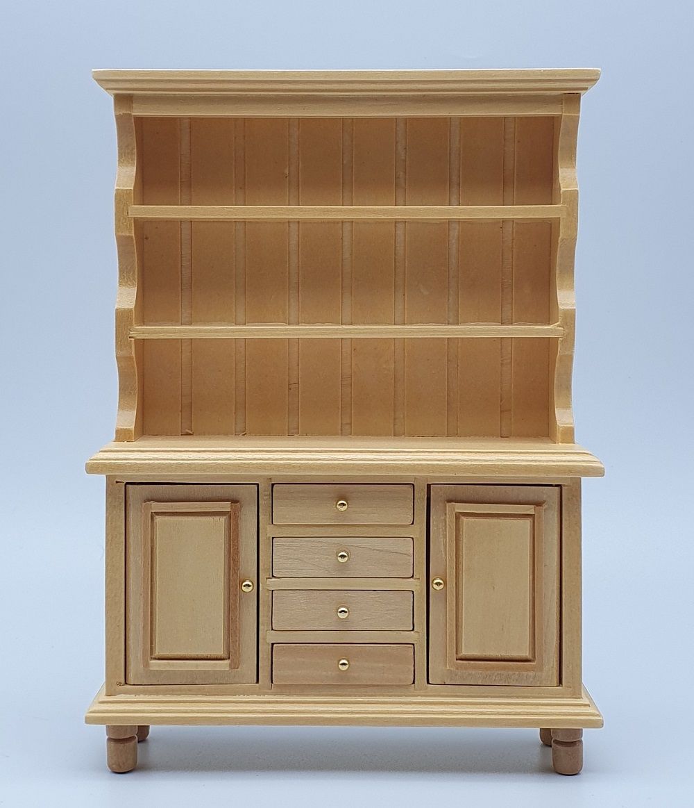 Geschirrschrank mit  Schubladen, Eiche hell , Creal Miniatur Puppenhausmöbel, Küchenschrank, Naturholz  mit  2 Türen, 4 Schubladen ,  Geschirrschrank ca. 13x18x3,5cm