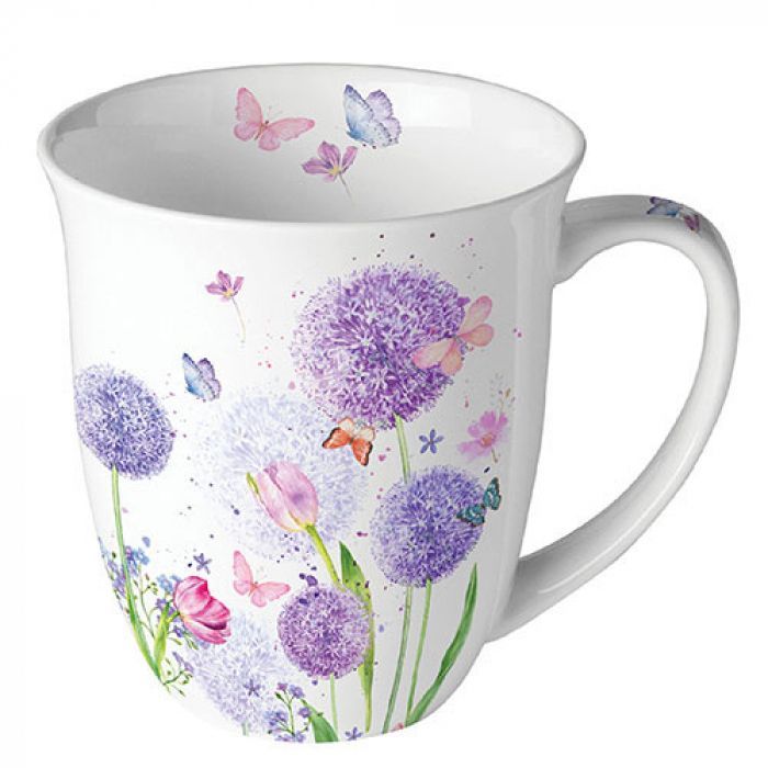 Mug 0.4 L Flower beauty, Becher  Blumenschönheit , Schmetterlinge Wiese in Flieder Farben , Sommer Blumen Motiv Ambiente