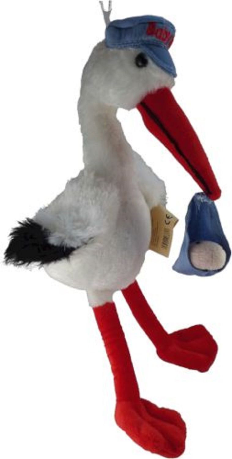 Inware 6860 - Storch aus Plüsch mit blauer Mütze und Baby im Schnabel