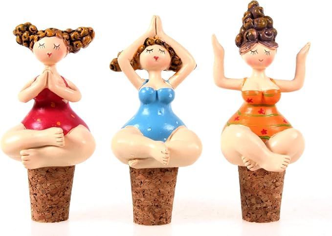 Yoga Damen, Molly auf Korken im Badeanzug ca  9 cm, Figur für Flaschen mollige Dame Badenixe , Frau Badezimmer  Dekoration , Pilates Yoga  3er Set