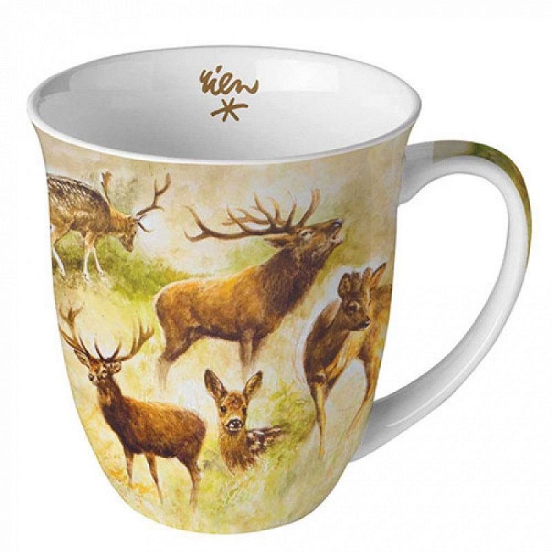 Ambiente  Porzellan,  Tasse, Tiere, Wintertiere, Waldtiere, Wald, Wild, Rehe, Hirsche, Jagd - Mug 0.4 L Collage of deers Kollektion