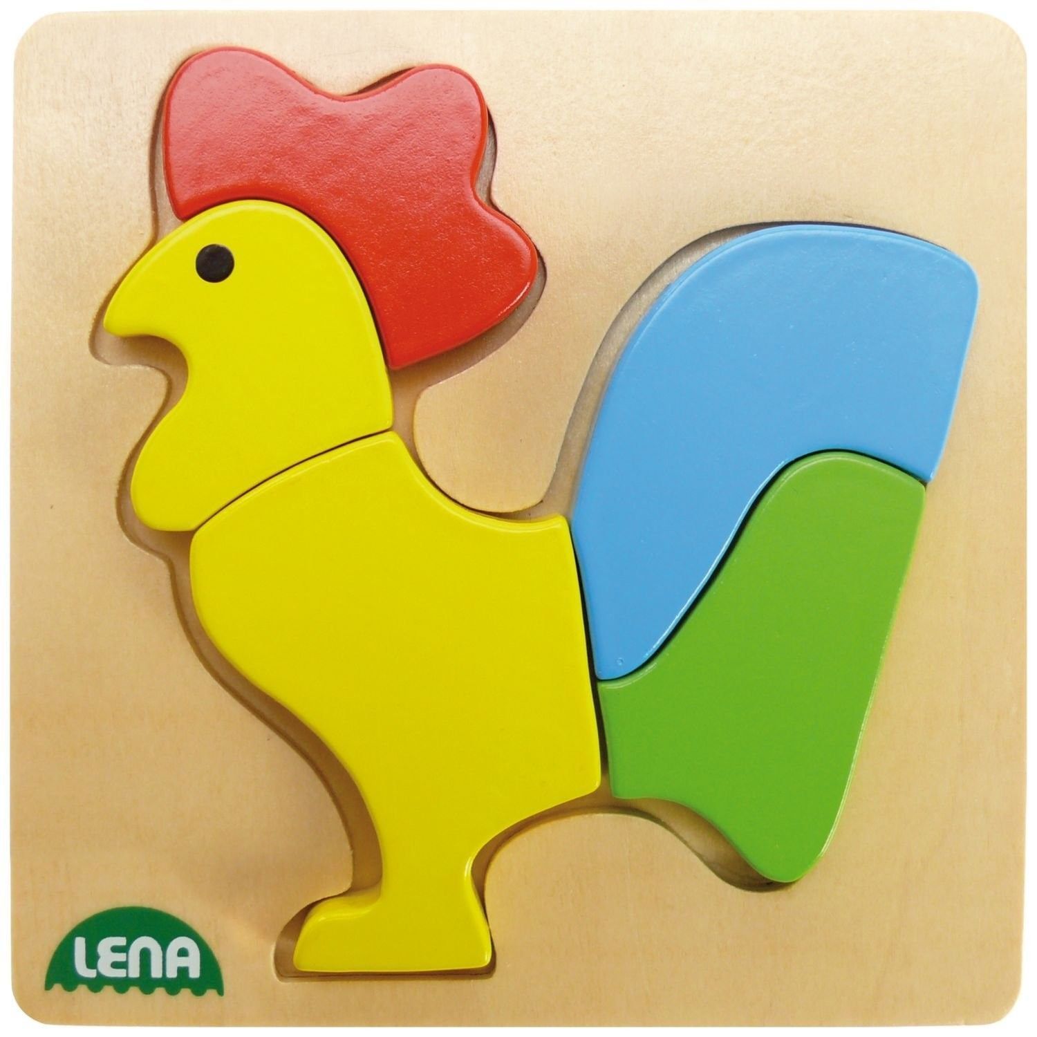Lena 32062 Holzpuzzle Hahn, Kinderpuzzle , Grundplatte 14 x 14 cm und 5 Puzzleteilen, Teileaus  Holz, Mitgebsel, Kindergeburtstag