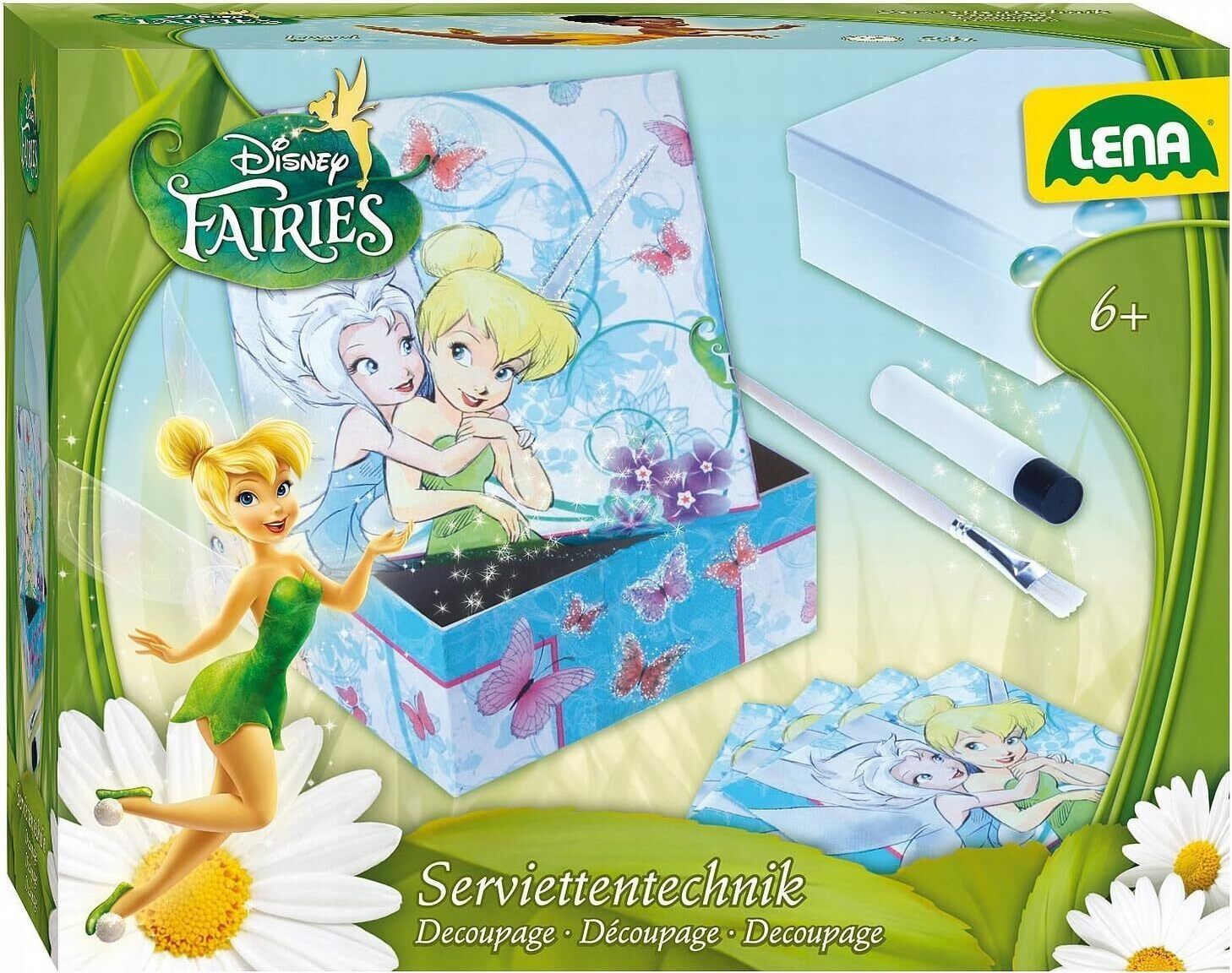 Serviettentechnik Fairies - Serviettentechnikset - Motiv: Disneys Fairies - Pinsel und Serviettenkleber - Servietten und Glitzerstaub - Lena