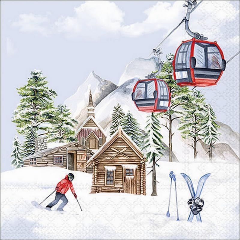 Ambiente Servietten,  Winter,  Lift an Skihütte,  Tischdeko - Papierservietten mit Motiv ,  Decoupage , Serviettentechnik 33x33cm - 3 Lagig - 20 stück