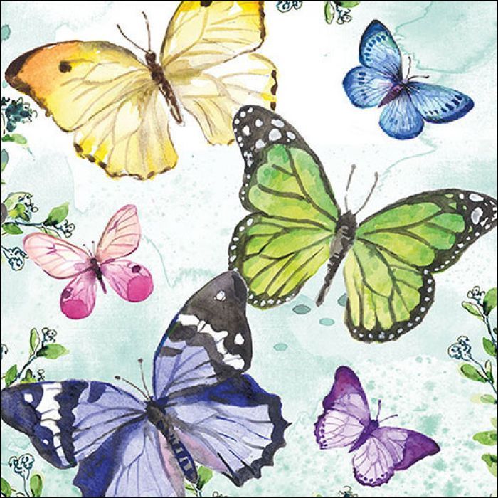 20 Servietten Ambiente , Schmetterlinge , Frühjahr Dekoration und Decoupage-Technik Napkin 33 Fluttering butterflies aqua FSC Mix
