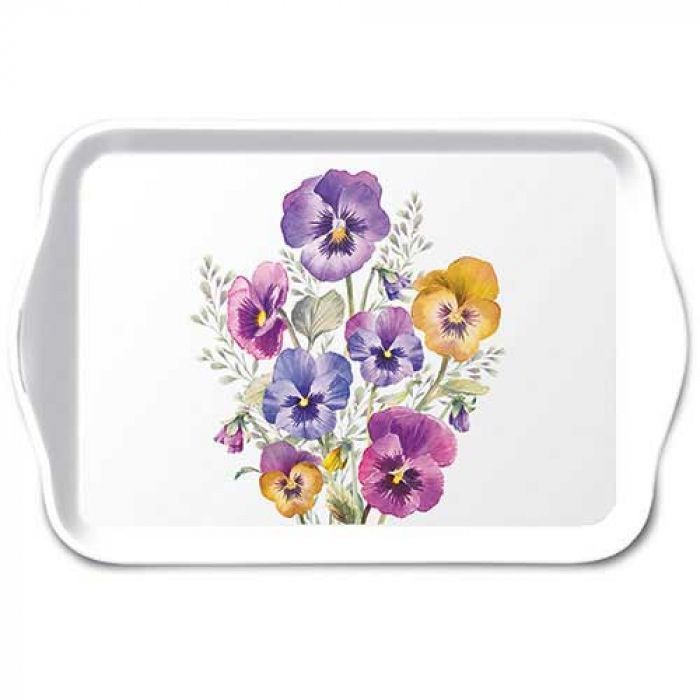 Ambiente Tablett,  Serviertablett 13x21 cm ,  Dekotablett Stiefmütterchen,  Pansies Blumenmotiv -  Melamintablett Garten,  Frühling, Sommer Tray  Pansies