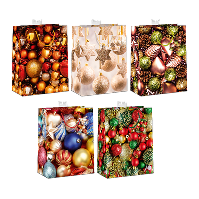 10er  Tasche Sortiert, Weihnachten Geschenktasche - Merry Christmas, Geschenke - Large (26 x 32 x 12 cm) - 5 Motive - Geschenktaschen Serie "Weihnachtsbaumkugeln" Jede mit Kordel, Namenskarte & Euro