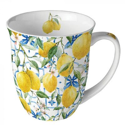 Ambiente Becher,  Porzellan ca. 0,4 L mediterrane Zitronen , Tasse Sommer Motiv  - Mug 0.4 L Mediterranean lemons