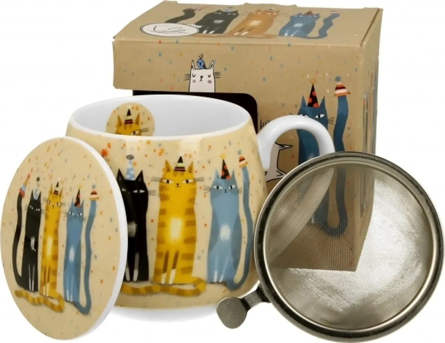 DUO Tasse,  Fassbecher 430 ml CAT'S WORLD – PARTY mit Teesieb, Porzellan - Duo-Gift Kollektion